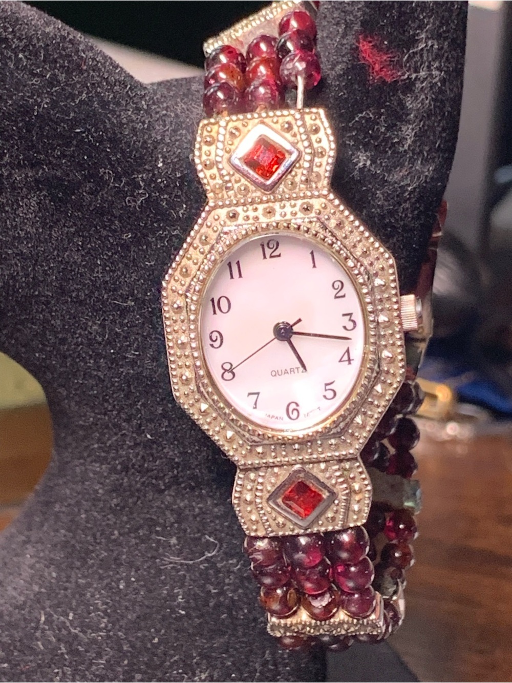 Avon Garnet Beaded Women's Quartz Watch with Silver-Tone Octagonal Case